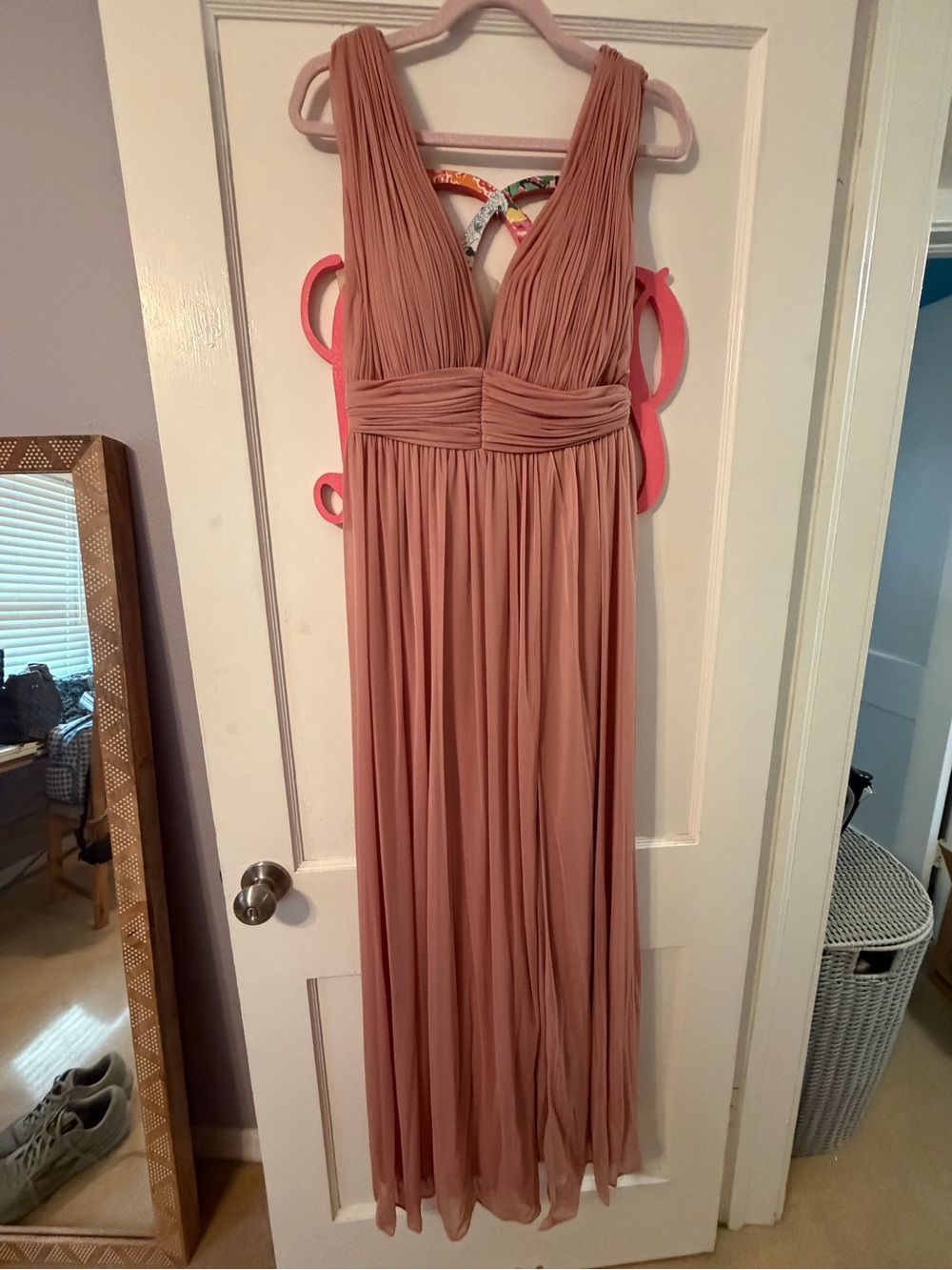Azazie Blush Pink V-Neck Pleated Bridesmaid Dress
